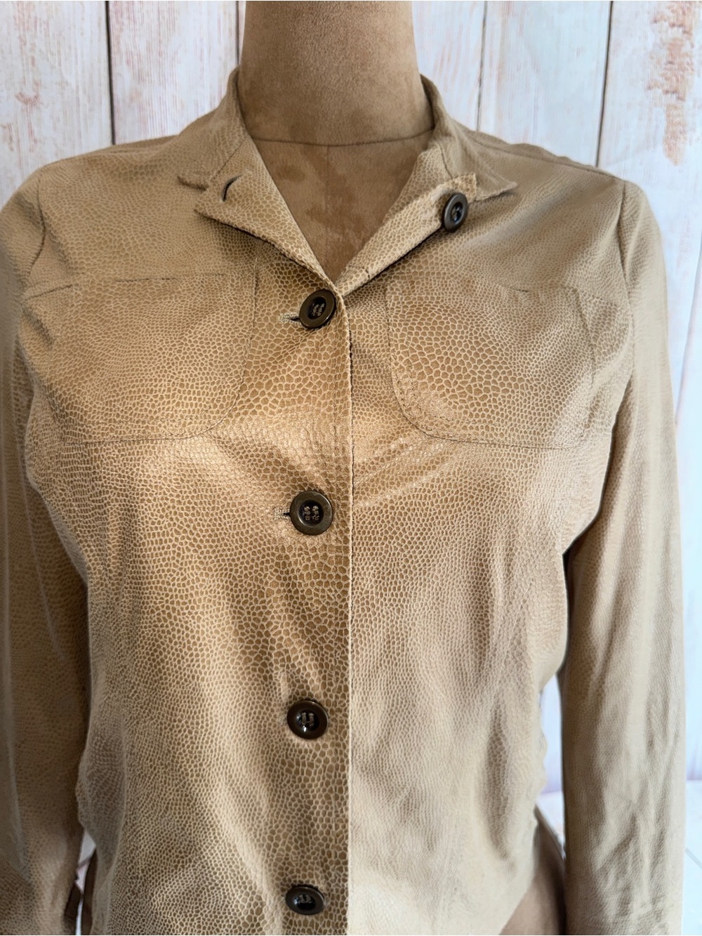 Additions by Chico's Tan textured Snakeskin Button-Front Shirt, suede feel, 0/ S